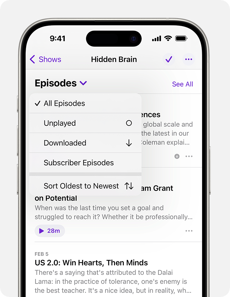 On an iPhone, the podcast show page is shown. Below the show banner, there’s a drop down arrow that’s selected that says Episodes. The Episodes menu shows the options All Episodes, Unplayed, Downloaded, and Subscriber Episodes. All Episodes is selected.