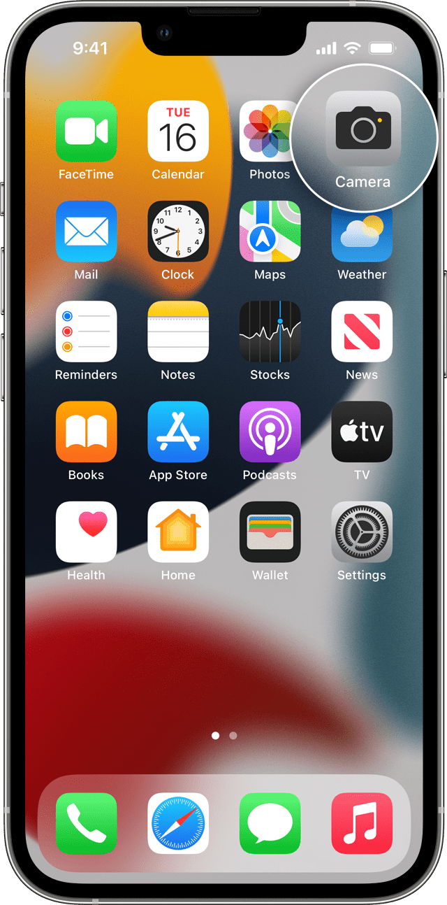 iPhone home screen with Camera app icon enlarged