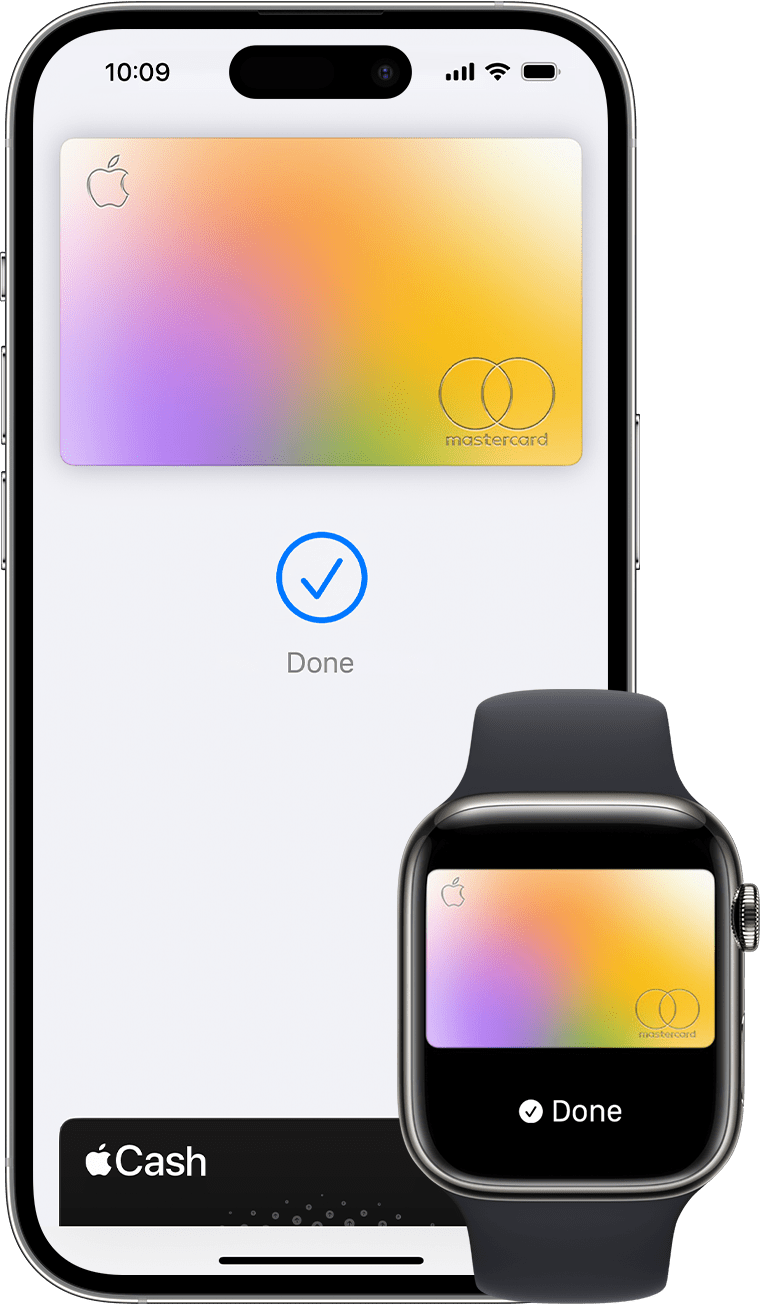 Um iPhone e um Apple Watch a mostrar um pagamento concluído com o Apple Pay
