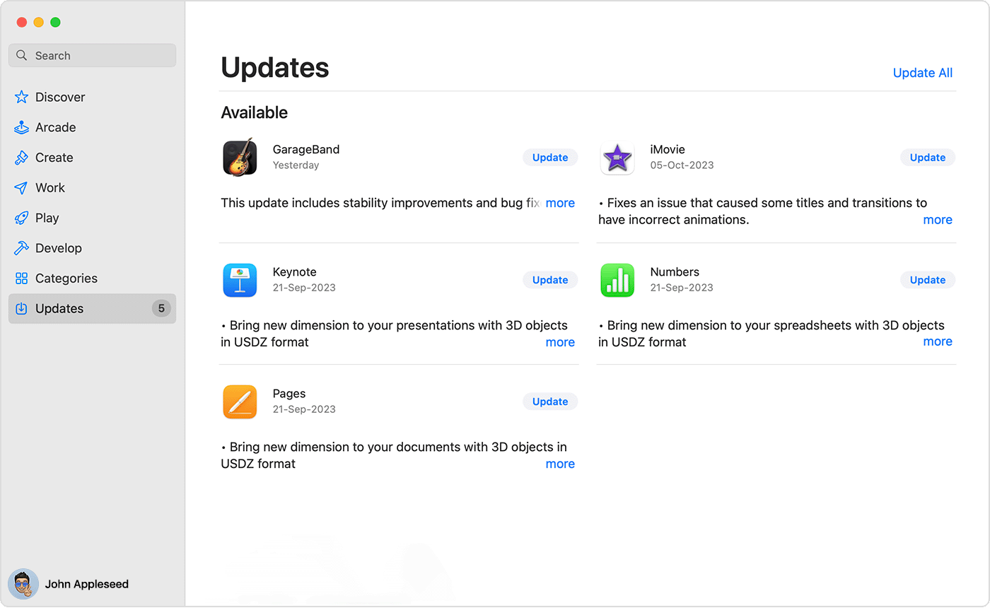 Mac showing the Updates page in the App Store.
